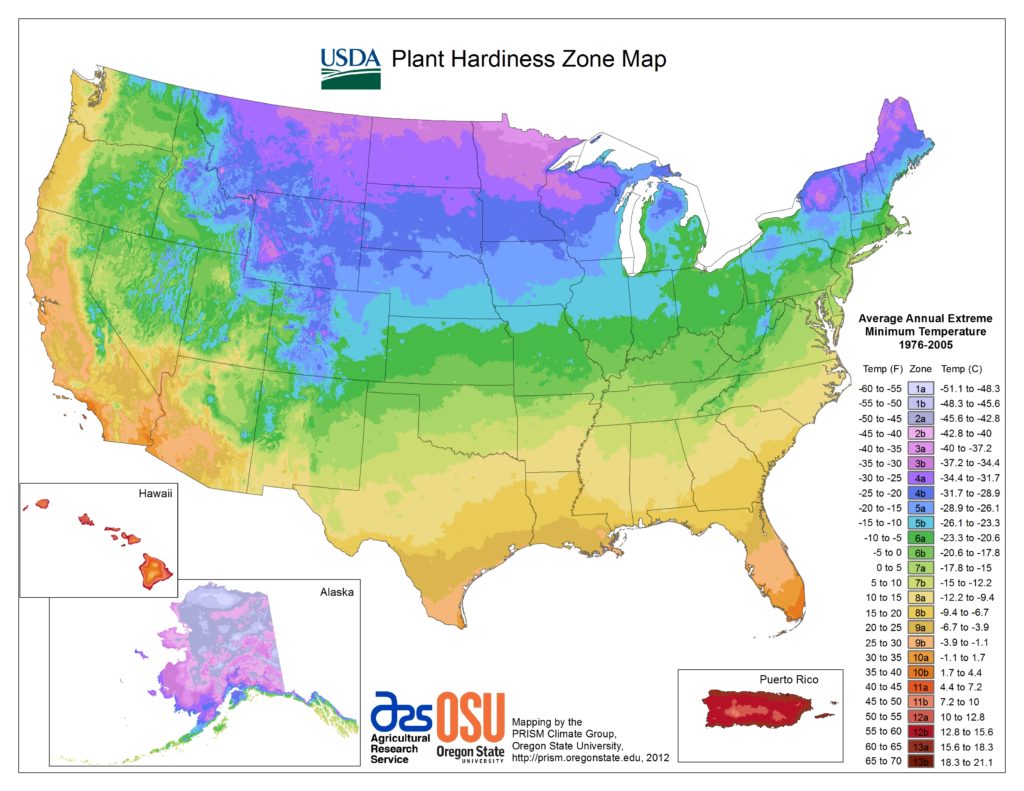 map showing plant hardiness zones for the USA. Pennsylvania shows a range from 5a to 6b.